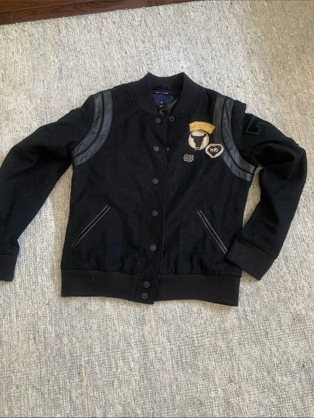 True Religion Black Bomber Jacket wool  blend  Leather Accents and Patch Details